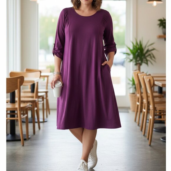 Susan Graver Purple Midi Dress Plus Size 3X A Line soft Knit Ruched Sleeve - Picture 11 of 11